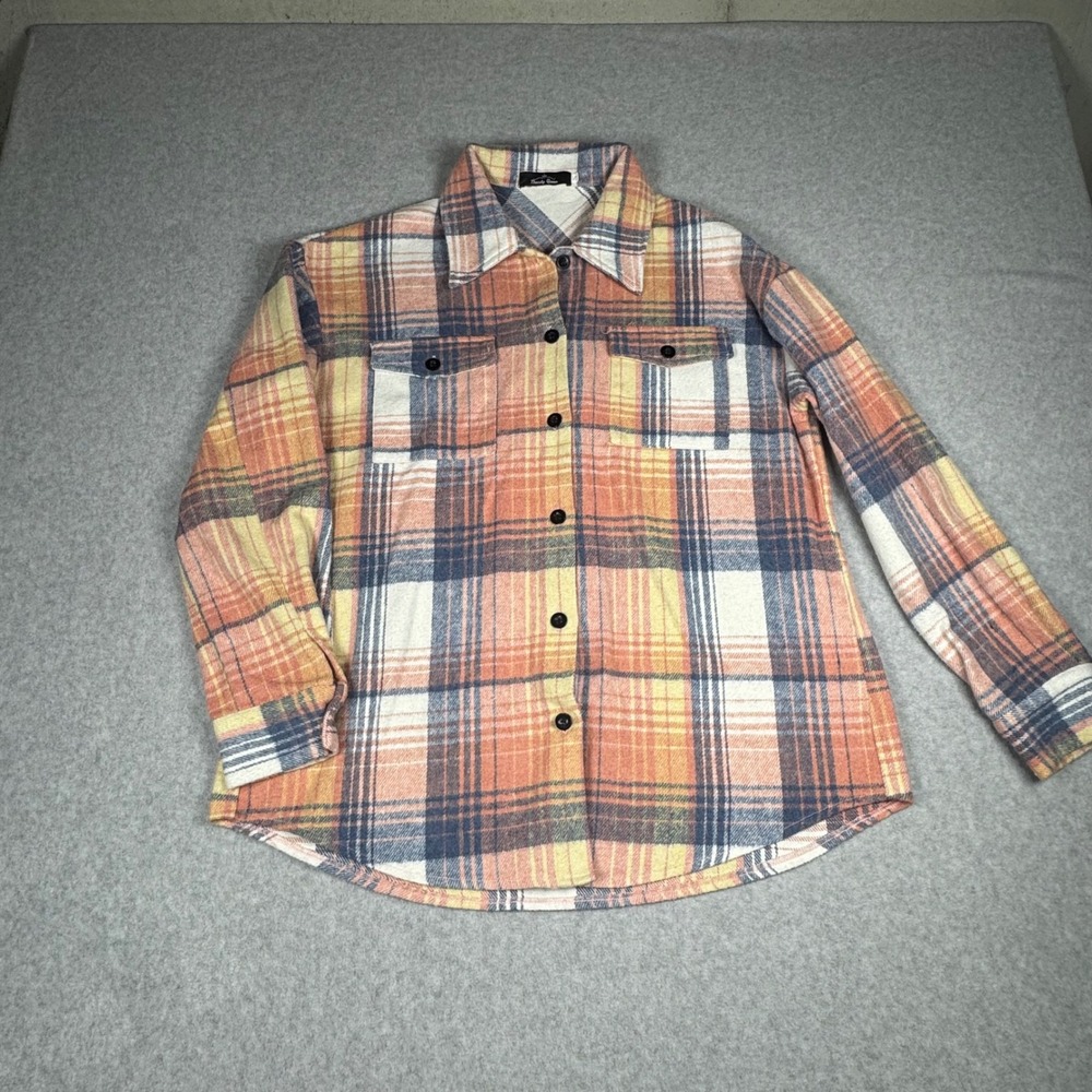 Trendy Queen Womens Oversized Plaid Flannel Shacket Orange Blue Small